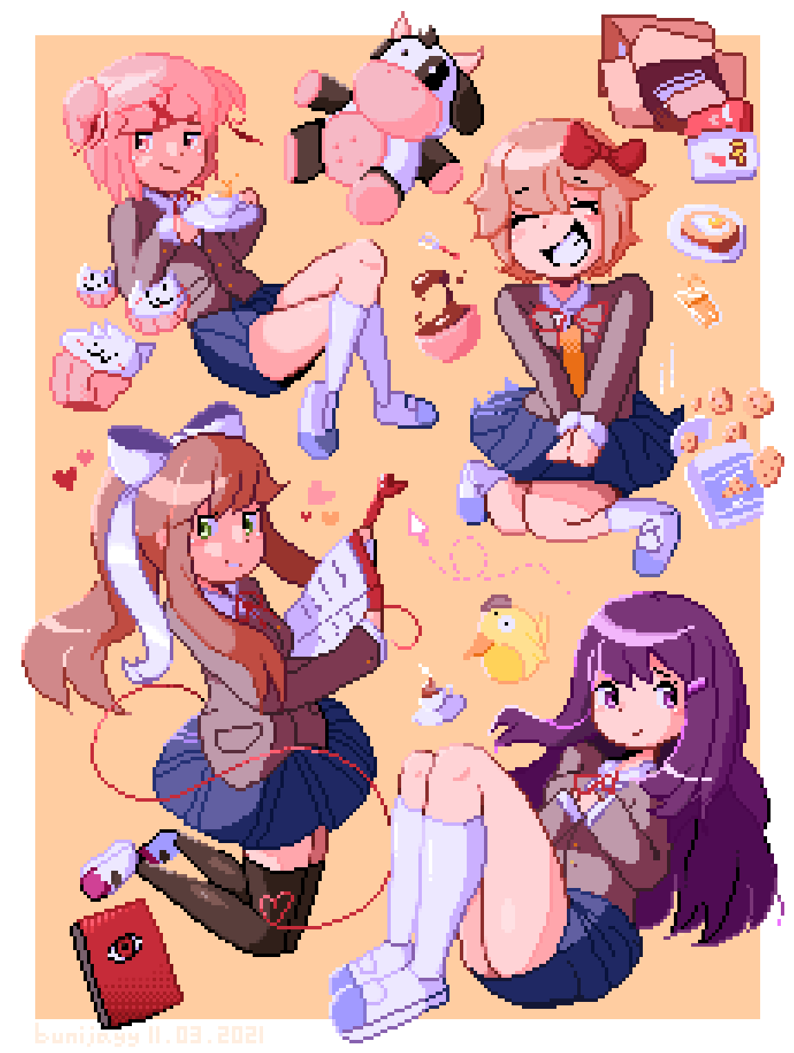 4girls, ^_^, animal-themed_food, artist_name, black_thighhighs, blazer, blonde_hair, blue_skirt