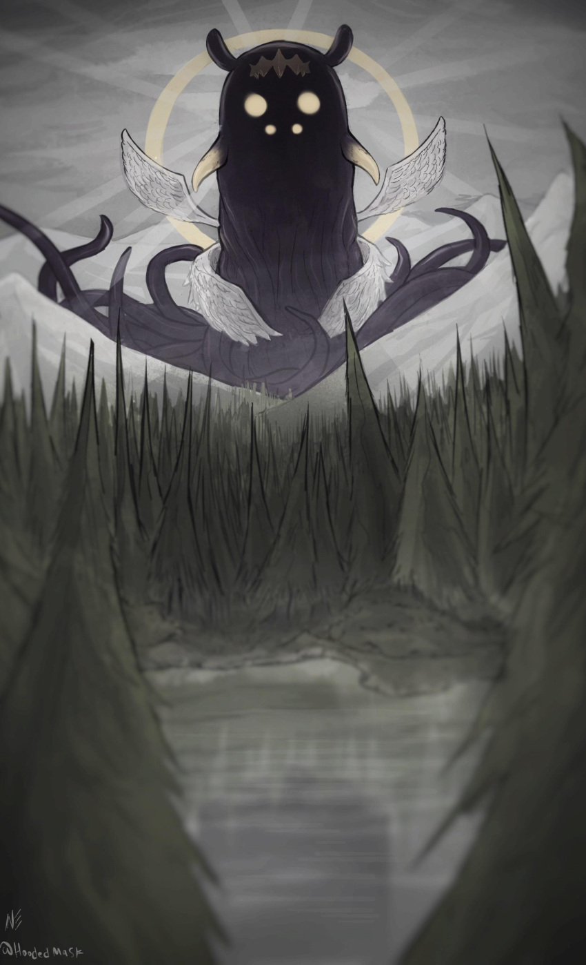 absurdres, commentary, feathered_wings, forest, halo, highres, hololive, hololive_english