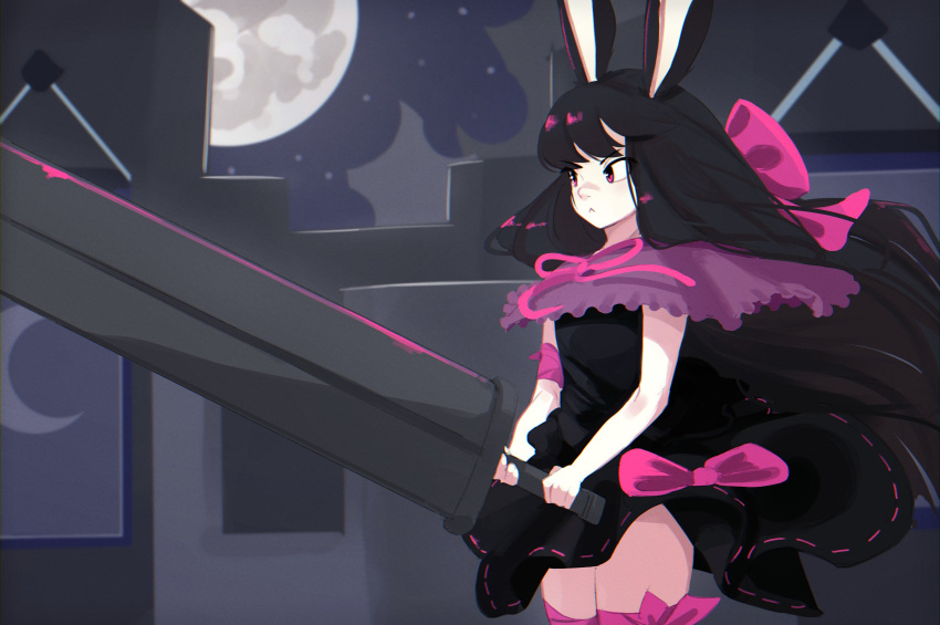 1girl, :<, absurdres, animal_ears, banner, black_dress, black_hair, bow