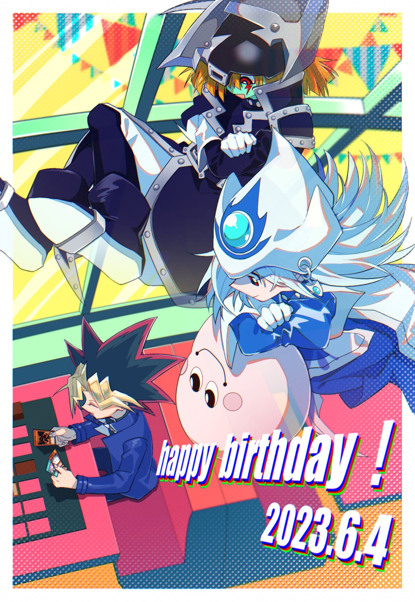 1girl, 2boys, black_coat, black_hair, blonde_hair, blue_dress, blue_jacket, blue_skin