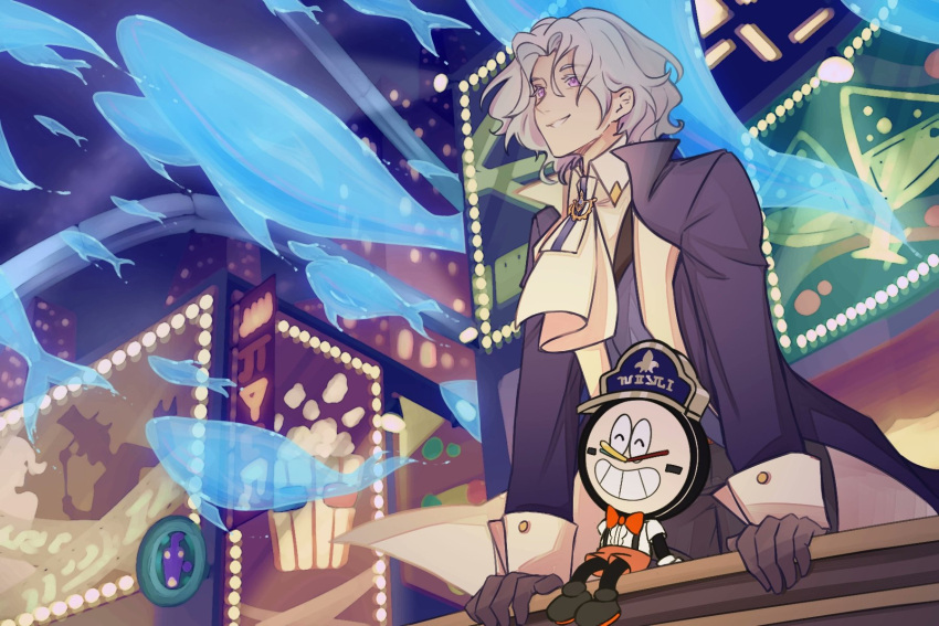 1boy, billboard, black_coat, black_gloves, blue_hair, bow, bowtie, city, clockie_(honkai:_star_rail), coat, colored_eyelashes, fish, gloves, grin, highres, honkai:_star_rail, honkai_(series), light_blue_hair, long_sleeves, mikhail_(honkai:_star_rail), red_bow, red_bowtie, sleeve_cuffs, smile, violet_eyes, whale, whitetearabbit