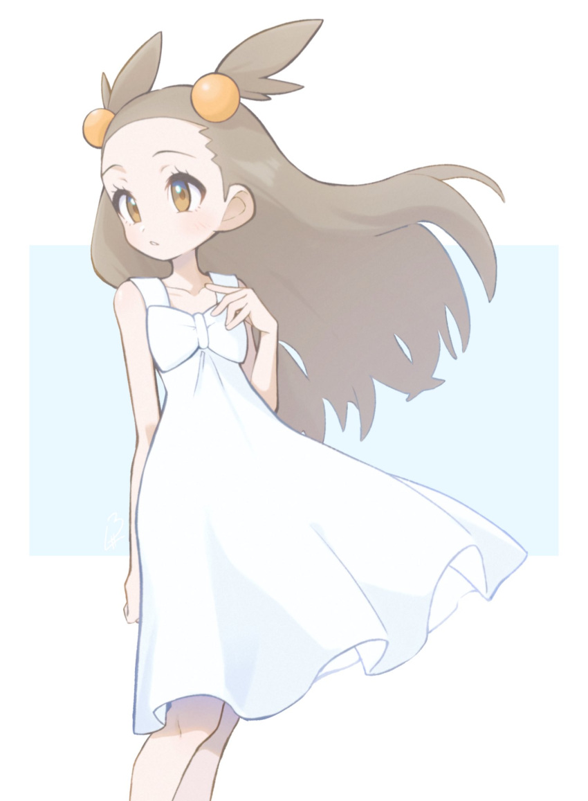 1girl, brown_eyes, brown_hair, dress, eyelashes, floating_hair, hand_up, highres, jasmine_(pokemon), knees, long_hair, looking_to_the_side, noi_(noi_pk27), parted_lips, pokemon, pokemon_gsc, sleeveless, sleeveless_dress, solo, two_side_up, white_dress