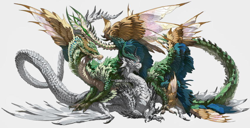 animal_focus, blue_eyes, claws, commission, dragon, eastern_dragon, feathered_dragon, feathered_wings