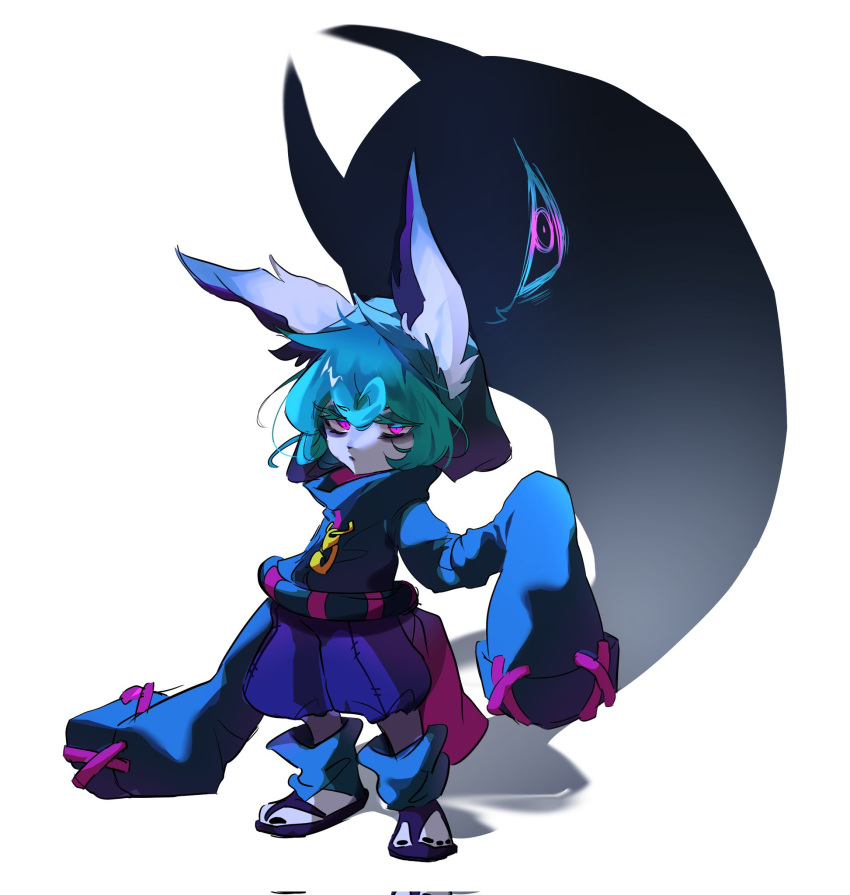 1girl, animal_ear_fluff, black_hoodie, black_nails, expressionless, full_body, gl0wdin0_prem, green_hair