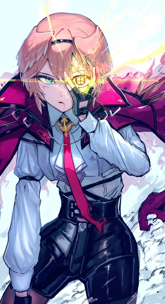 1girl, blue_eyes, cape, collared_shirt, fingerless_gloves, gloves, head_wings, heterochromia