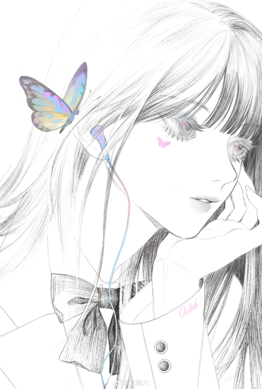 1girl, absurdres, blazer, blunt_bangs, bow, bowtie, butter, butterfly_tattoo, buttons, check_copyright, collared_jacket, collared_shirt, commentary, copyright_request, earphones, earphones, expressionless, facial_tattoo, fingernails, food, hand_on_own_chin, highres, hime_cut, jacket, lapels, lipstick, listening_to_music, long_eyelashes, long_hair, long_sleeves, looking_to_the_side, makeup, marking_on_cheek, multicolored_butterfly, notched_lapels, original, oxi206, palms, parted_lips, partially_colored, pink_eyes, shirt, signature, simple_background, solo, straight_hair, symbol-only_commentary, tattoo, teeth, upper_body, weibo_watermark, white_background