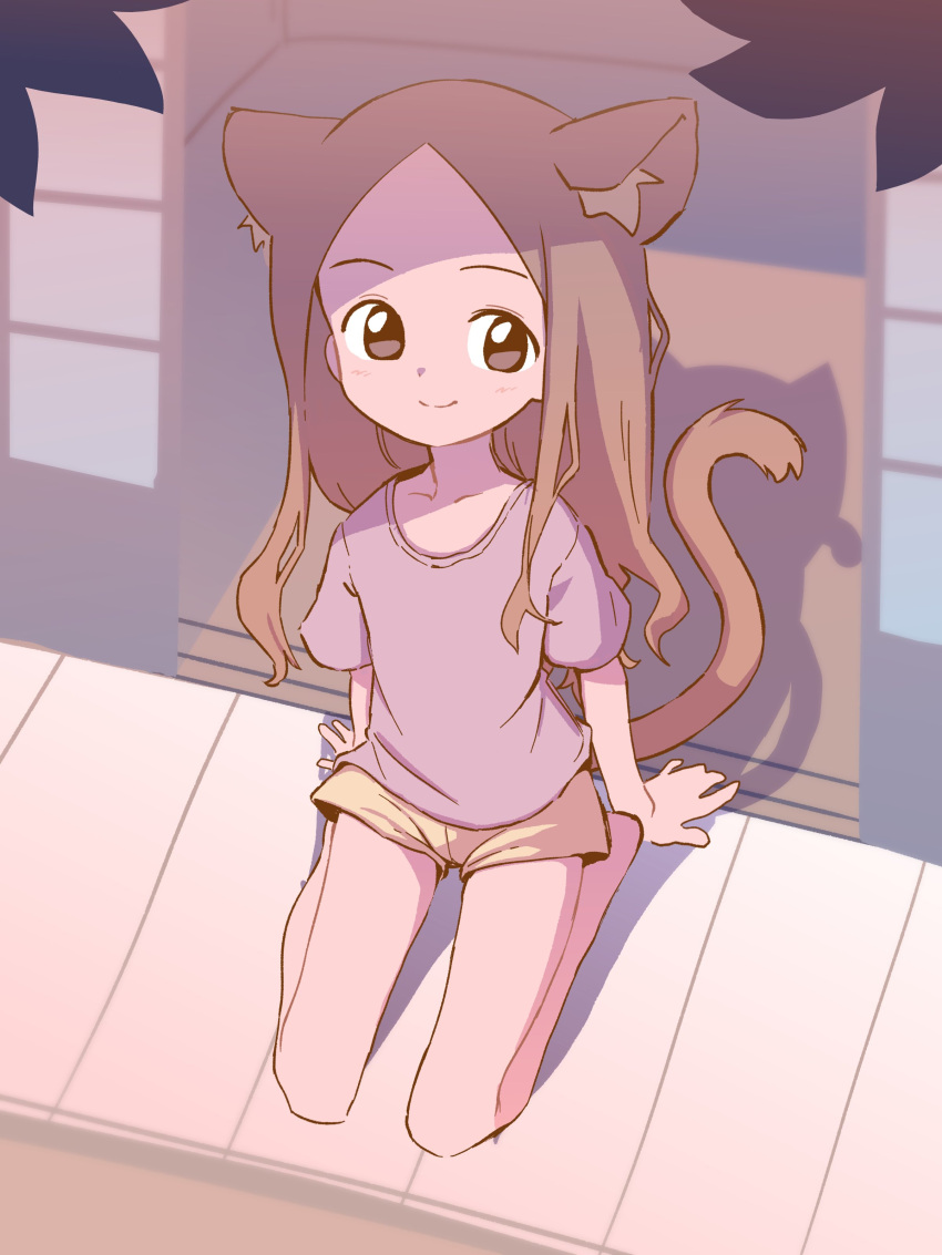 1girl, absurdres, animal_ear_fluff, animal_ears, blue_shirt, brown_eyes, brown_hair, brown_shorts, cat_ears, cat_girl, cat_tail, highres, karakai_jouzu_no_takagi-san, long_hair, orenji_(orenjipiiru), shirt, short_shorts, short_sleeves, shorts, sitting, smile, solo, tail, takagi-san, thighs