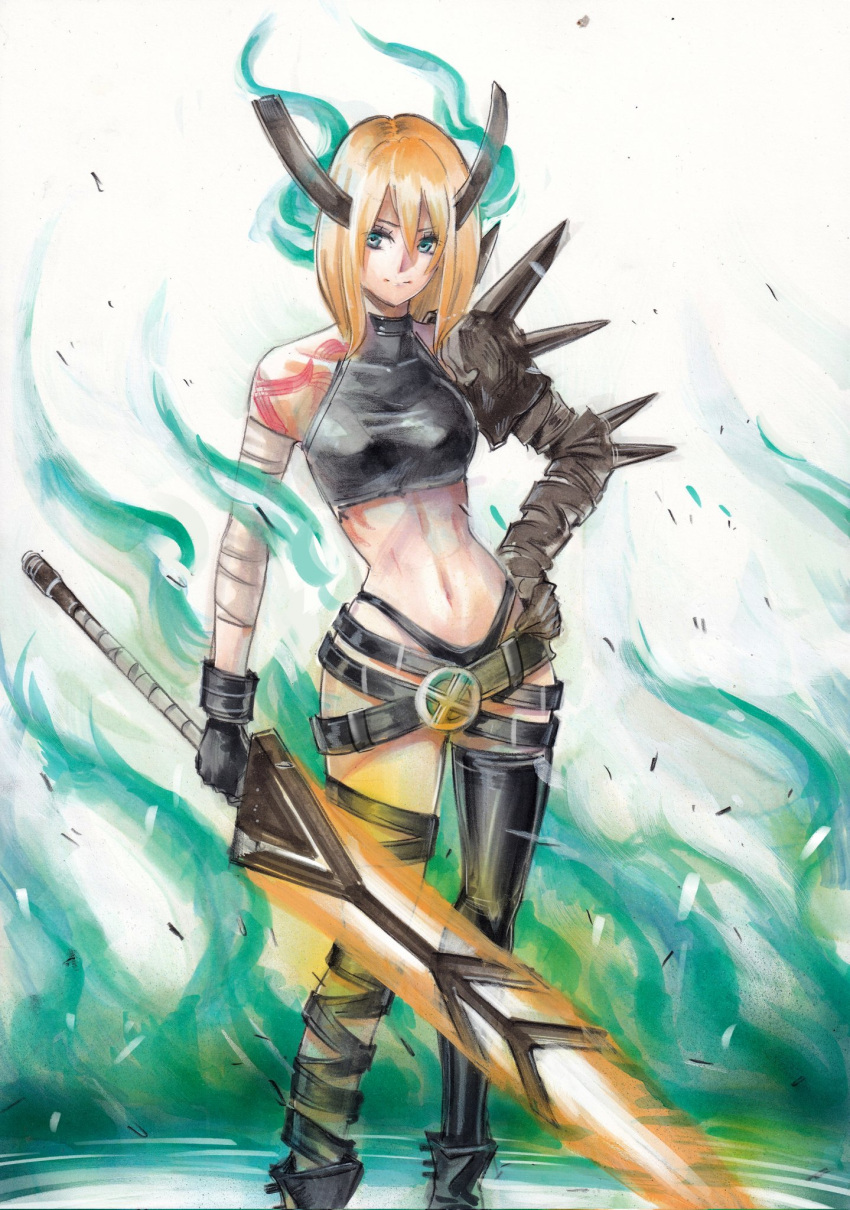 1girl, animification, belt, blonde_hair, blue_eyes, elbow_spikes, highres, huge_weapon