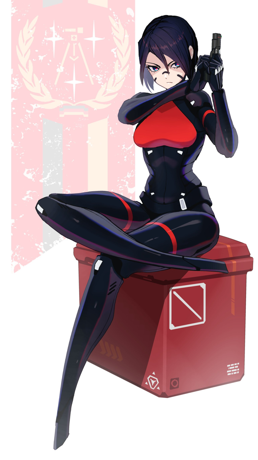 1girl, absurdres, android, black_hair, blue_eyes, cyberpunk, elster_(signalis), flag