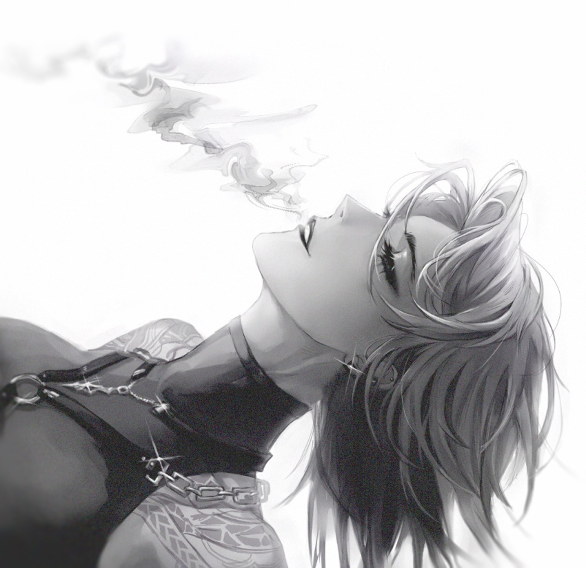 1girl, bare_shoulders, chain, chain_necklace, commentary, ear_piercing, eyeliner, forehead