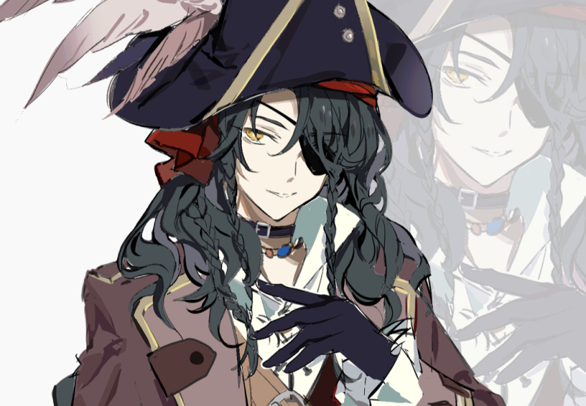 1boy, belt_collar, black_choker, black_gloves, black_hair, black_hat, braid, brown_jacket