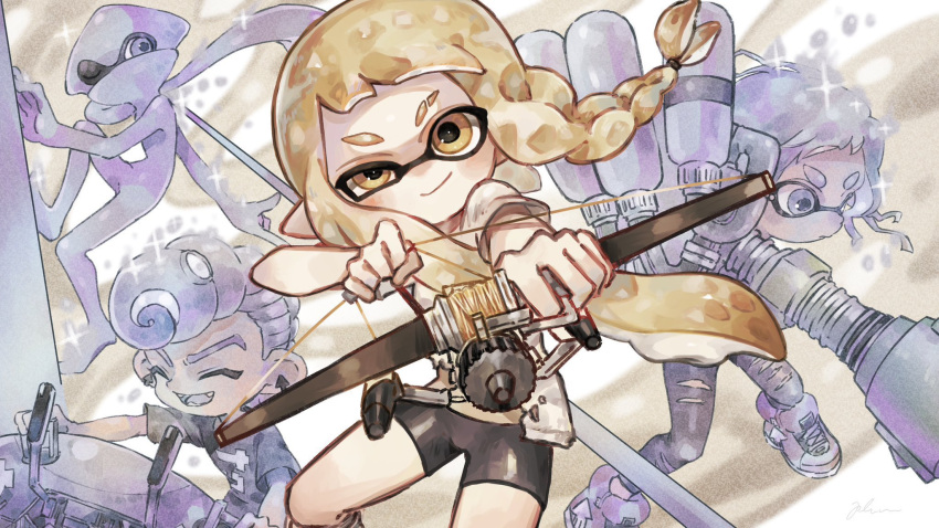 1boy, 1other, 2girls, asymmetrical_hair, bike_shorts, black_shorts, blonde_hair, bow_(weapon)
