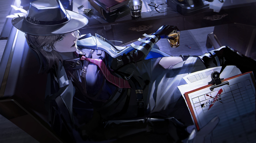 1girl, 1other, alcohol, armchair, black_footwear, black_gloves, black_lips, blonde_hair