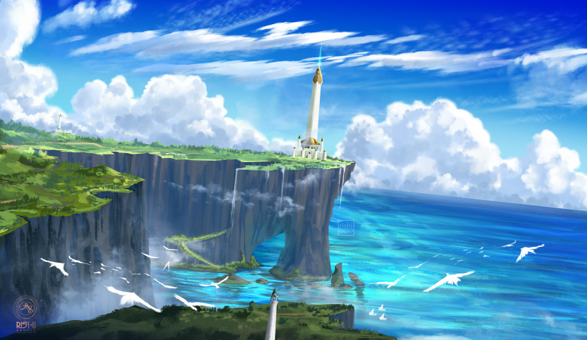 absurdres, bird, blue_sky, boat, cliff, clouds, cloudy_sky, commentary, dove, english_commentary, fantasy, gold, gold_trim, highres, no_humans, ocean, rishishukla, road, scenery, sky, spire, the_silmarillion, tolkien's_legendarium, tower, tree, watchtower, water, watercraft, waterfall