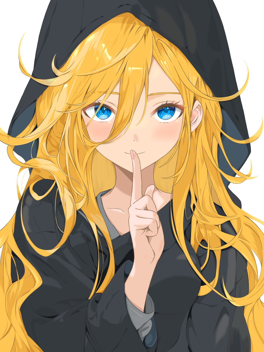 absurdres, blonde_hair, blue_eyes, breasts, collarbone, commentary_request, finger_to_mouth, hair_between_eyes