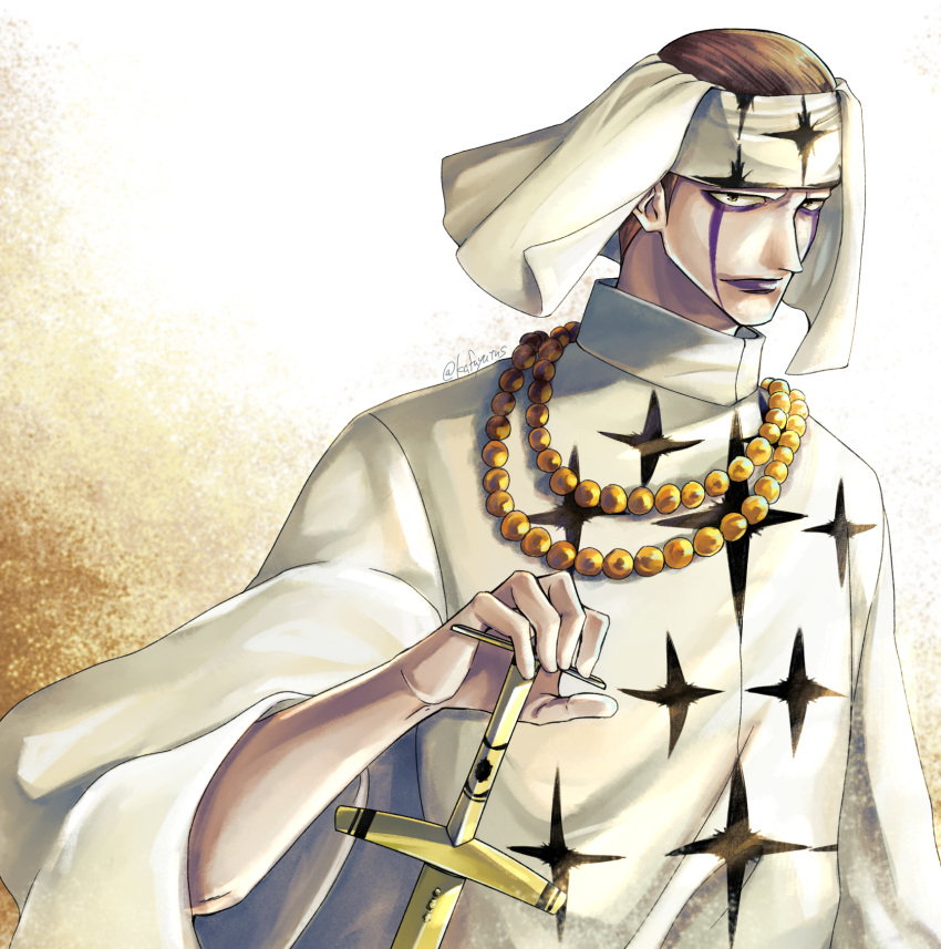 1boy, commentary_request, facepaint, head_scarf, high_collar, highres, holding, holding_sword