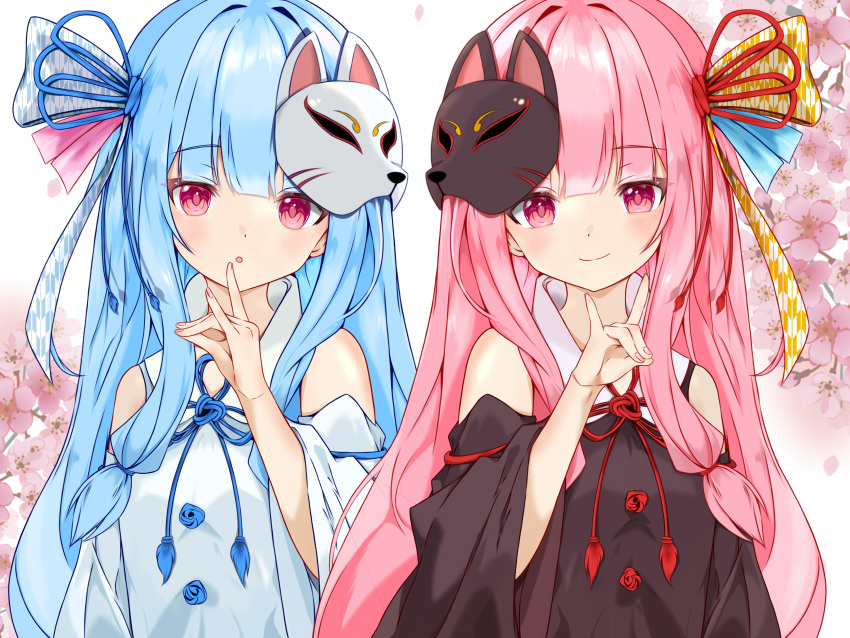 :o, absurdres, blue_hair, fox_mask, fox_shadow_puppet, hair_ornament, hair_ribbon, highres