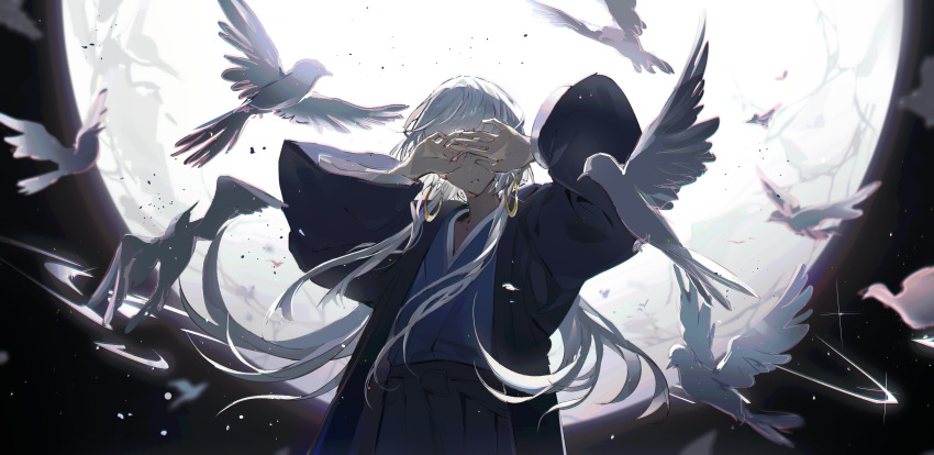 1boy, bird, black_hakama, blue_kimono, call_of_cthulhu, commentary_request, covering_own_eyes, cowboy_shot