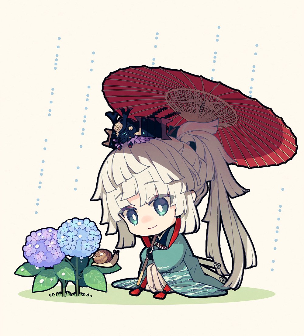 2girls, armor, chibi, commentary_request, fate/samurai_remnant, fate_(series), flower, green_eyes