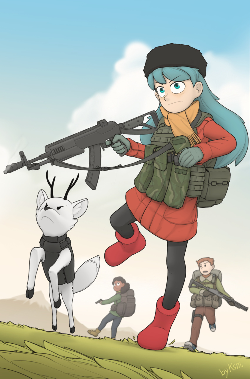 1boy, 2girls, animal, antlers, arctic_fox, black_pantyhose, blue_hair, blue_sky