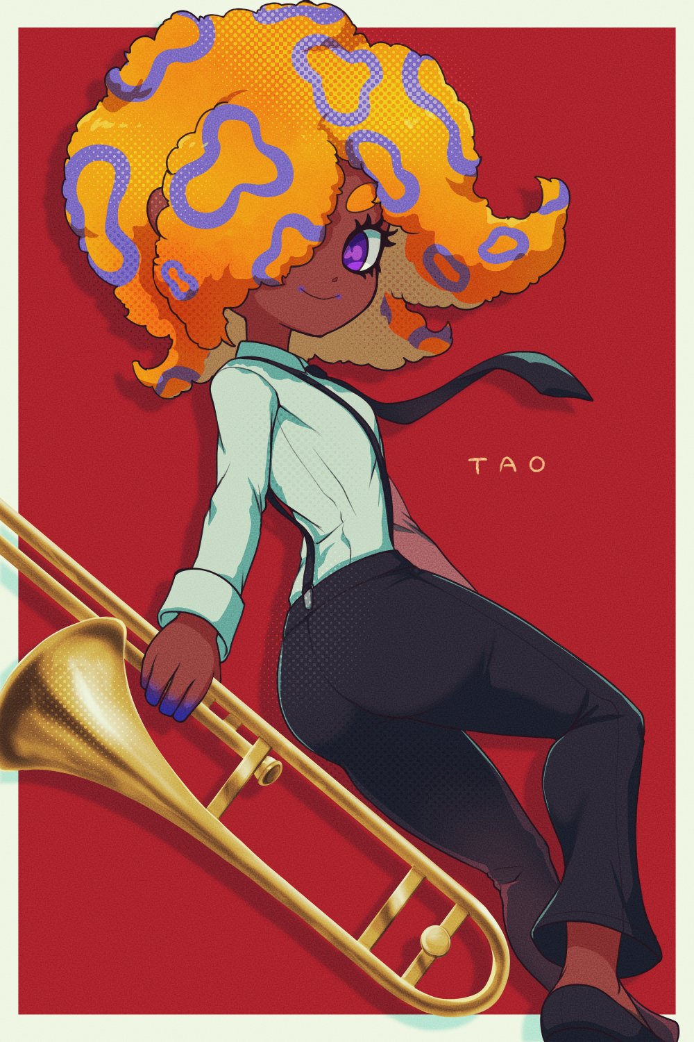 1girl, black_footwear, black_pants, character_name, hair_over_one_eye, highres, holding_trombone, instrument, long_sleeves, looking_at_viewer, mian_noodle, multicolored_hair, orange_hair, pants, red_background, shadow, shirt, shirt_tucked_in, shoes, smile, solo, splatoon_(series), splatoon_3, suspenders, tao_blu_(splatoon), tentacle_hair, trombone, violet_eyes, white_shirt