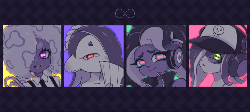 4girls, black_necktie, cephalopod_eyes, collared_shirt, covering_own_mouth, dedf1sh, ear_piercing, green_background