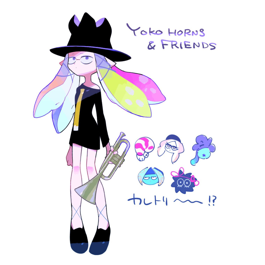 6+girls, aachin_(splatoon), bibi_(splatoon), black_footwear, black_hat, blonde_hair, blue_hair, grey_eyes