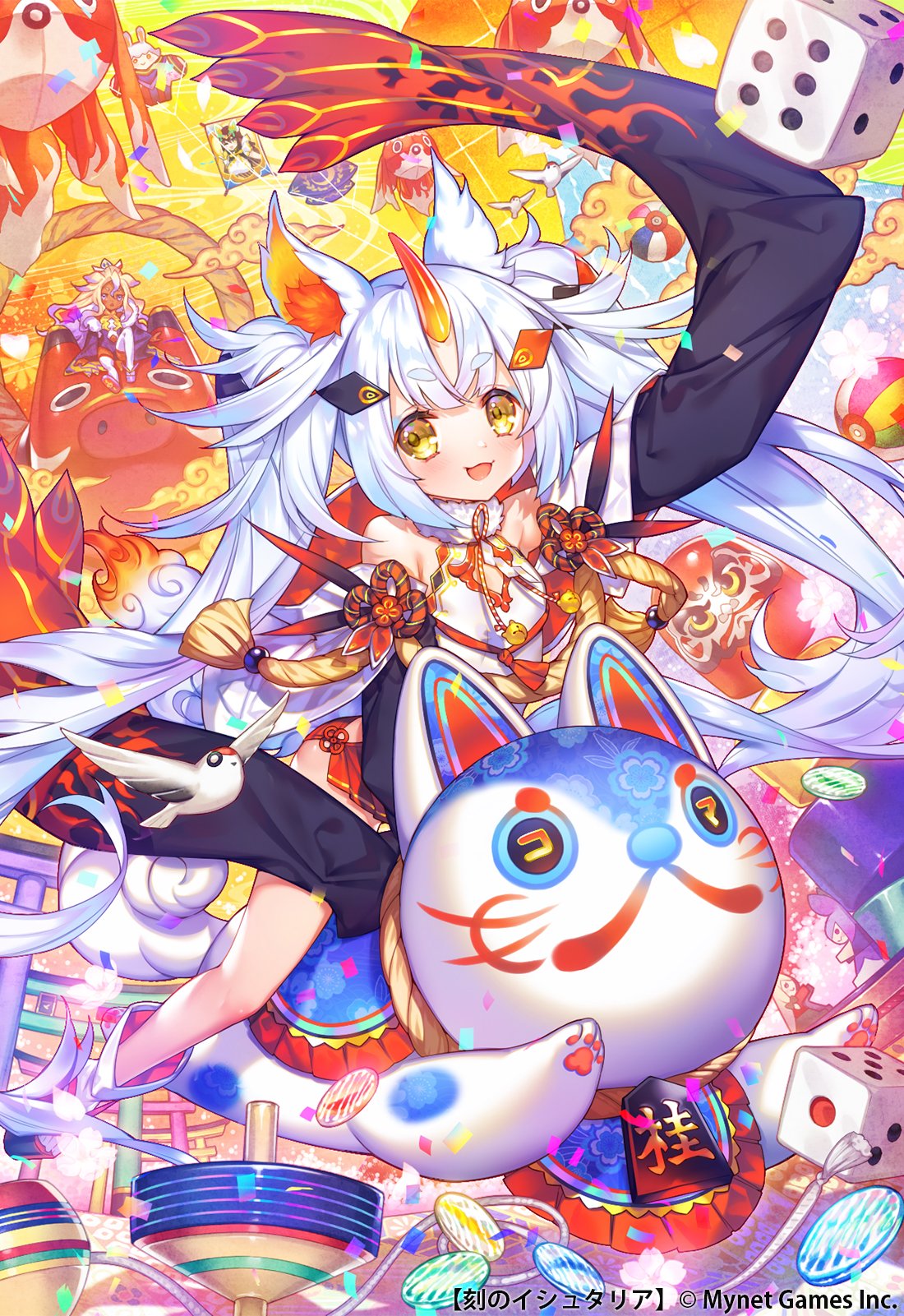 2girls, :3, age_of_ishtaria, animal_ears, bare_shoulders, bird, blush, copyright_name
