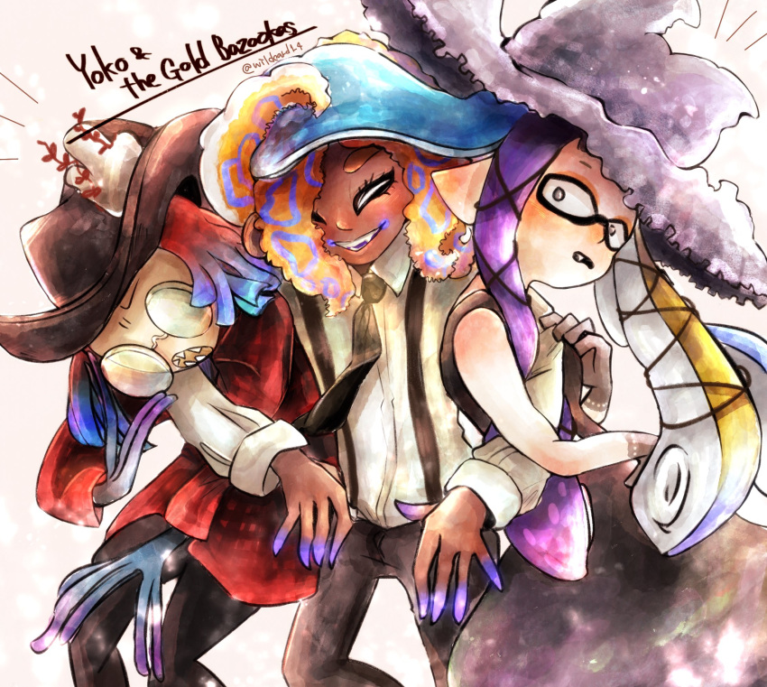 3girls, aqua_hair, black_dress, black_hat, black_pants, blonde_hair, collared_shirt, dark-skinned_female