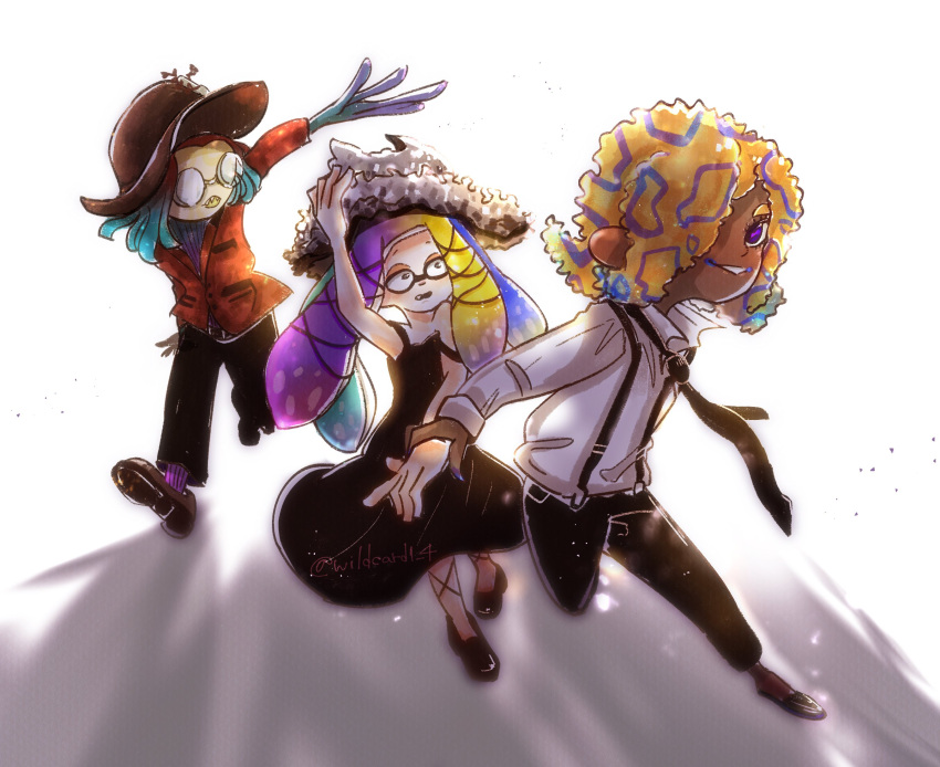 3girls, aqua_hair, black_hat, black_pants, blonde_hair, blue_hair, collared_shirt, dark-skinned_female