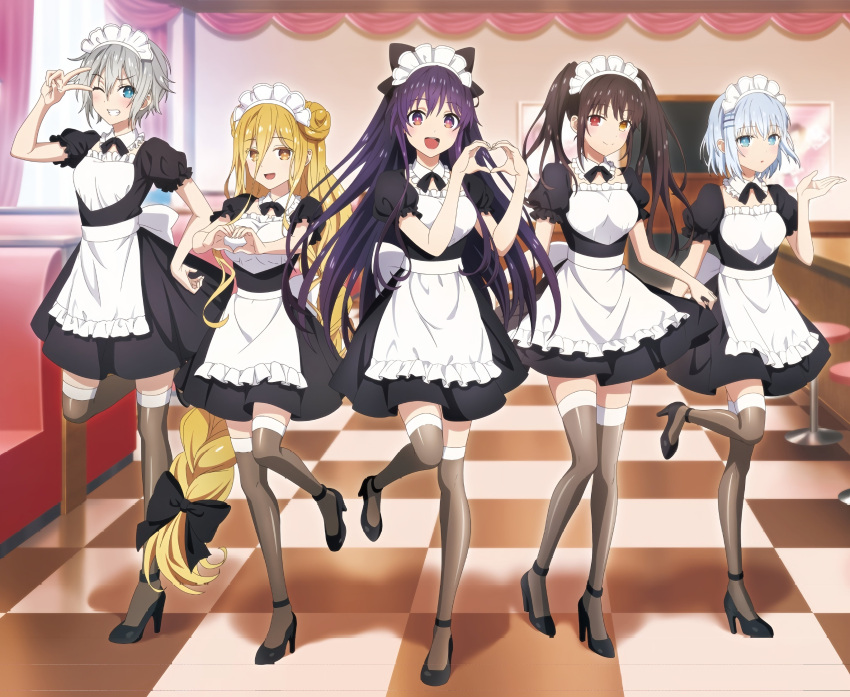 5girls, absurdres, black_hair, blonde_hair, blue_eyes, braid, breasts, cafe