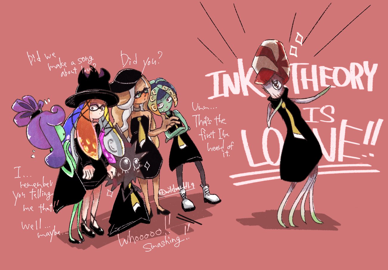 6+girls, aachin_(splatoon), bibi_(splatoon), black_dress, black_footwear, blonde_hair, blue_hair, colored_skin