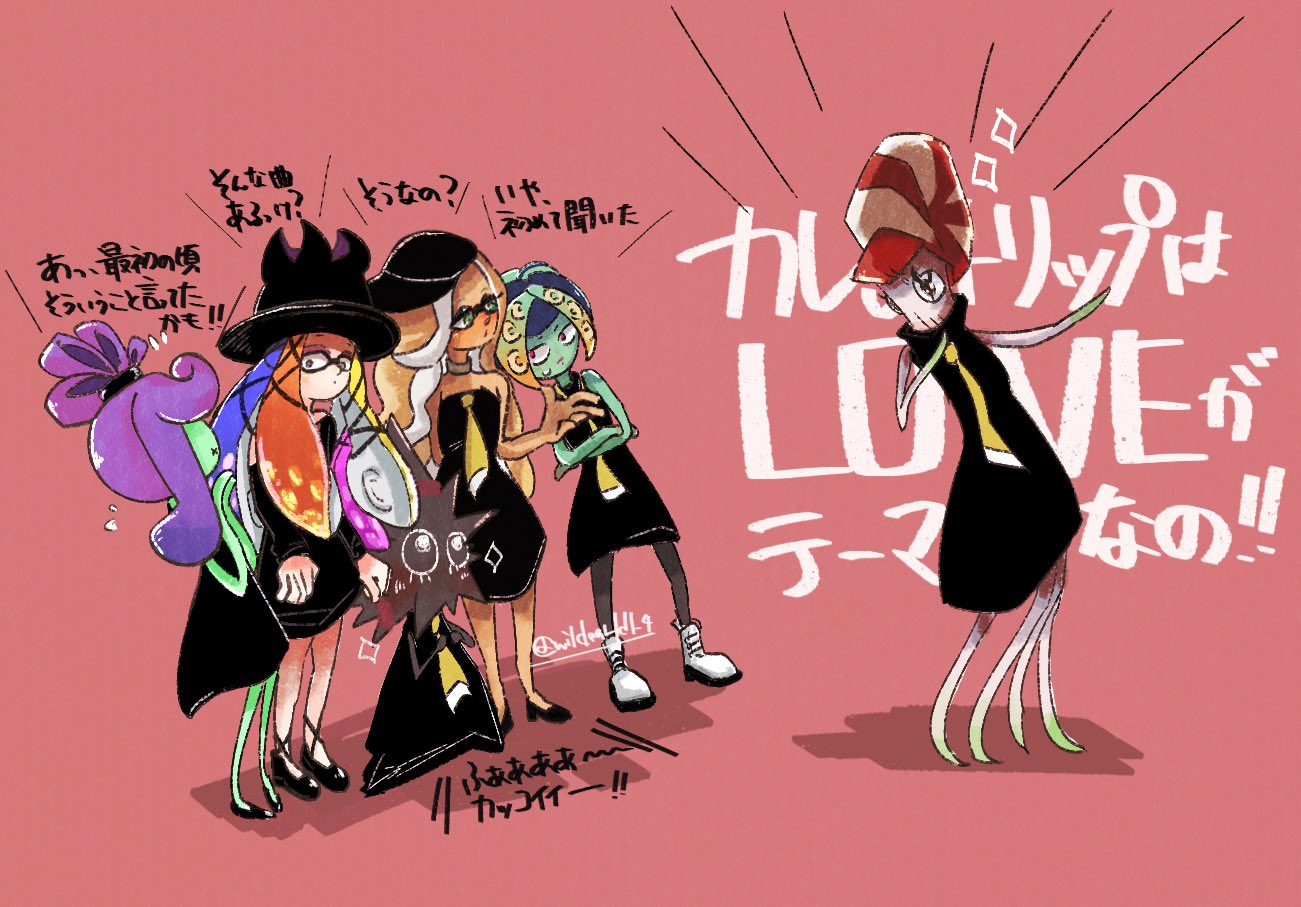 6+girls, aachin_(splatoon), bibi_(splatoon), black_dress, black_footwear, blonde_hair, blue_hair, colored_skin