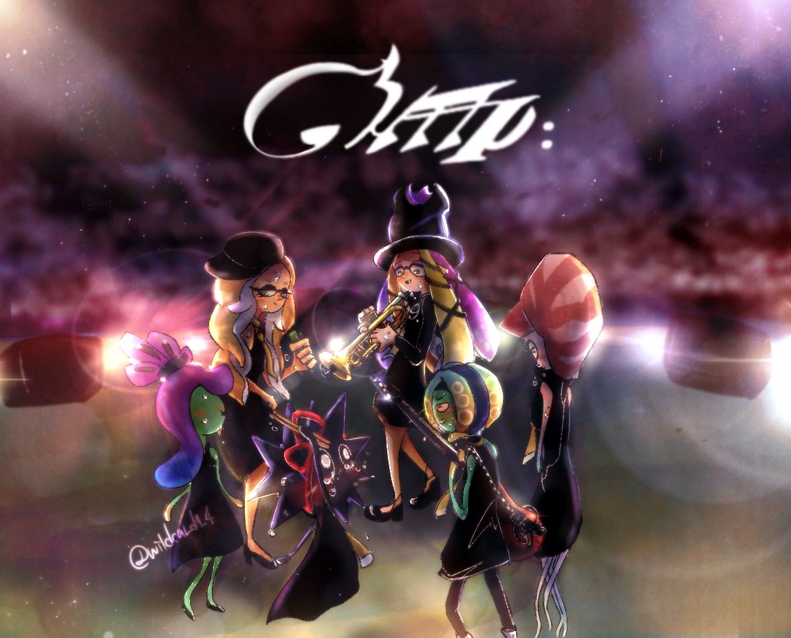 6+girls, aachin_(splatoon), bibi_(splatoon), black_dress, black_footwear, black_hat, blonde_hair, blue_hair