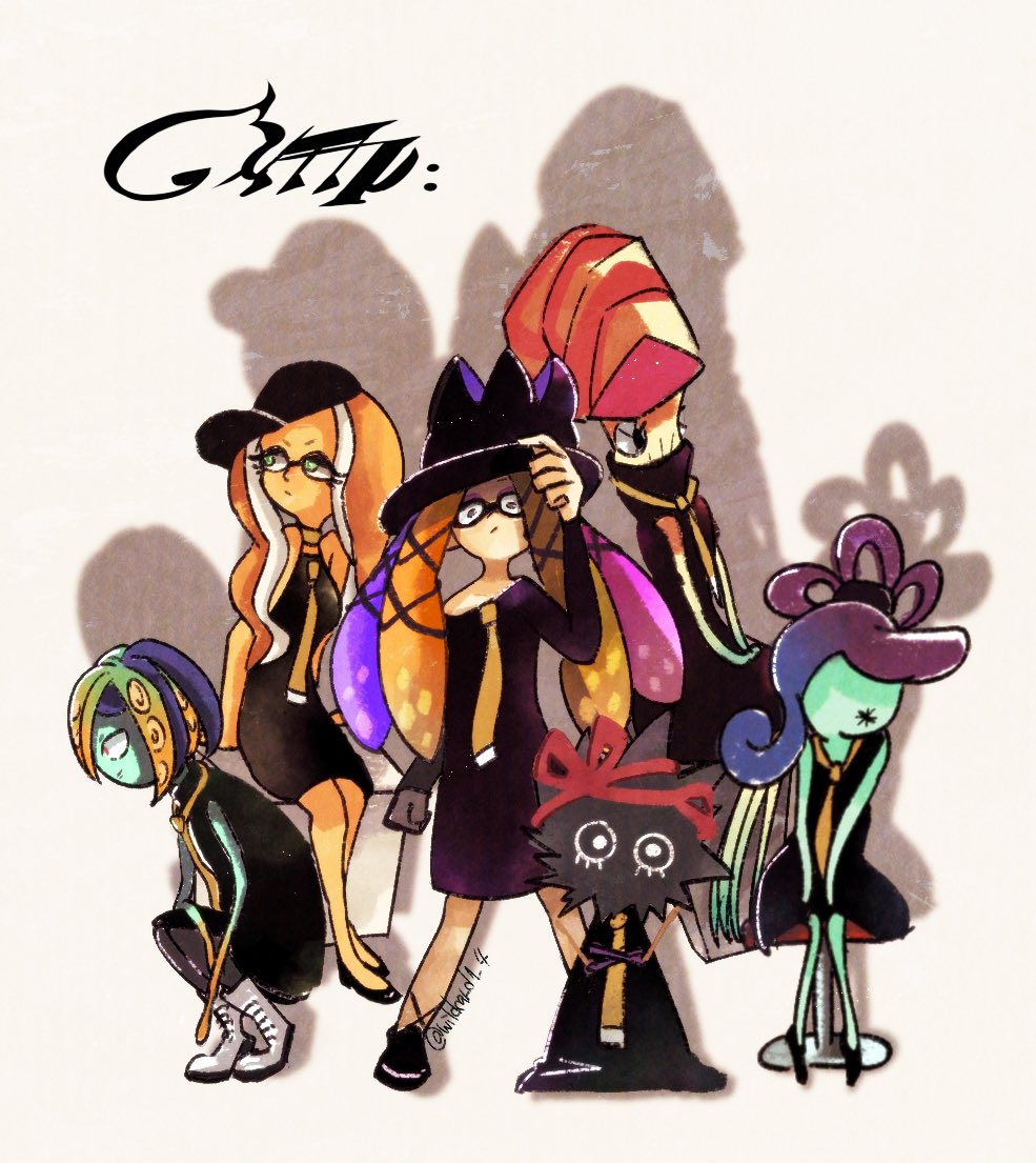 6+girls, aachin_(splatoon), bibi_(splatoon), black_dress, black_hat, blonde_hair, colored_skin, domino_mask