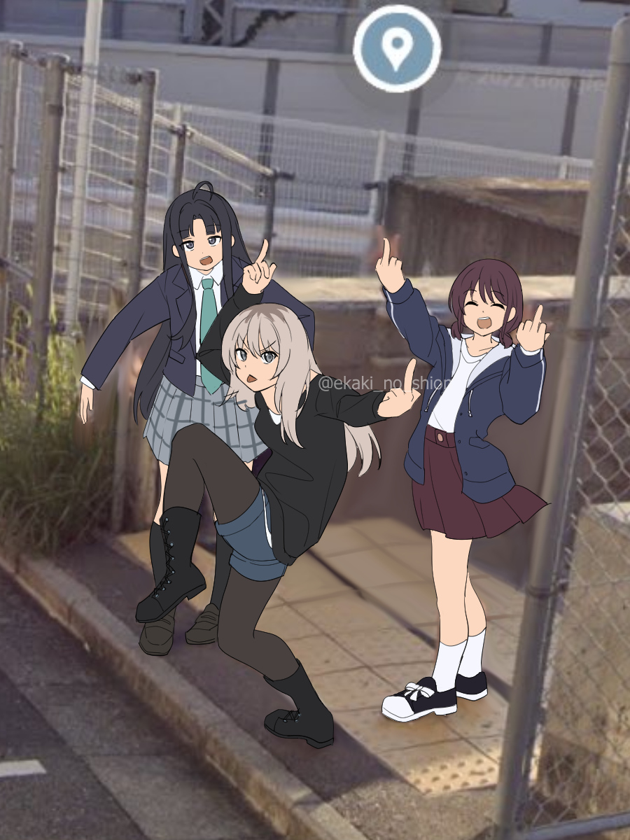 3girls, ^_^, ahoge, awa_subaru, black_eyes, black_footwear, black_hair, black_pantyhose, black_socks, black_sweater, blazer, blue_jacket, blue_shorts, boots, closed_eyes, commentary, double_middle_finger, ekaki_no_shion, girls_band_cry, green_necktie, grey_eyes, grey_hair, grey_skirt, high_school_girls_posing_for_google_street_view_(meme), highres, iseri_nina, jacket, kawaragi_momoka, kneehighs, loafers, long_hair, low_twintails, meme, middle_finger, multicolored_hair, multiple_girls, necktie, open_clothes, open_jacket, open_mouth, pantyhose, pantyhose_under_shorts, plaid, plaid_skirt, pleated_skirt, red_skirt, redhead, roots_(hair), school_uniform, shirt, shirt_tucked_in, shoes, short_hair, short_twintails, shorts, sidelocks, skirt, socks, sweater, teeth, tongue, tongue_out, twintails, twitter_username, upper_teeth_only, white_shirt