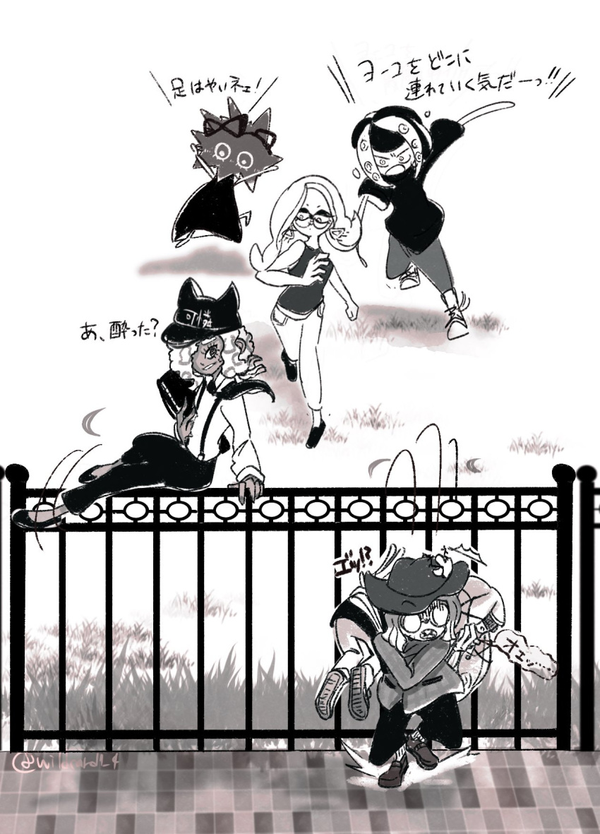 6+girls, aachin_(splatoon), bibi_(splatoon), black_dress, black_footwear, black_hat, black_necktie, black_pants