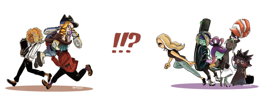 !?, 6+girls, aachin_(splatoon), baseball_cap, bibi_(splatoon), black_footwear, black_hat, black_pants