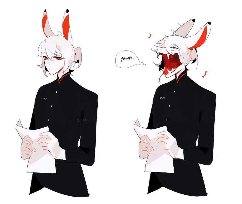 1boy, absurdres, animal_ears, black_jacket, closed_eyes, closed_mouth, colored_skin, cropped_torso, crrn, english_commentary, fangs, forked_tongue, hands_up, highres, holding, holding_paper, jacket, long_sleeves, male_focus, monster_boy, multiple_views, open_mouth, original, paper, rabbit_ears, red_eyes, short_hair, simple_background, snake_boy, tearing_up, tongue, tongue_out, upper_body, white_background, white_hair, white_skin, yawning