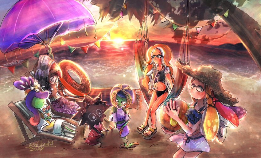 6+girls, aachin_(splatoon), ball, beach, beachball, bibi_(splatoon), blonde_hair, clouds