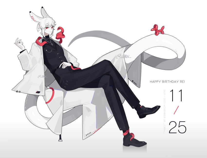 1boy, absurdres, animal, animal_ears, apple, balloon_animal, black_footwear, black_jacket