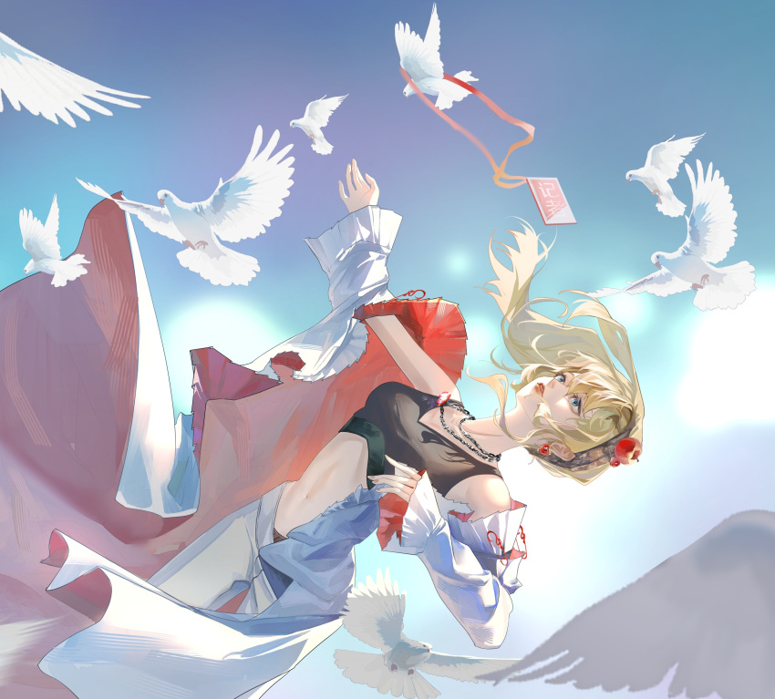 1girl, above_clouds, absurdres, apple_earrings, apple_hair_ornament, bare_shoulders, bianca_(path_to_nowhere), bird, black_hairband, black_tank_top, blonde_hair, blue_eyes, blue_sky, breasts, chain, chain_necklace, clouds, coat, collarbone, crop_top, dove, earrings, food-themed_earrings, food-themed_hair_ornament, from_side, hair_ornament, hairband, hand_up, highres, id_card, jewelry, linea_alba, lips, looking_up, making-of_available, midair, multiple_necklaces, navel, necklace, open_clothes, open_coat, pants, parted_lips, path_to_nowhere, red_lips, safety_pin, sky, small_breasts, solo, stomach, tank_top, theft, two-sided_coat, two-sided_fabric, updo, wangmumumu, white_bird, white_coat, white_pants, wind, wind_lift