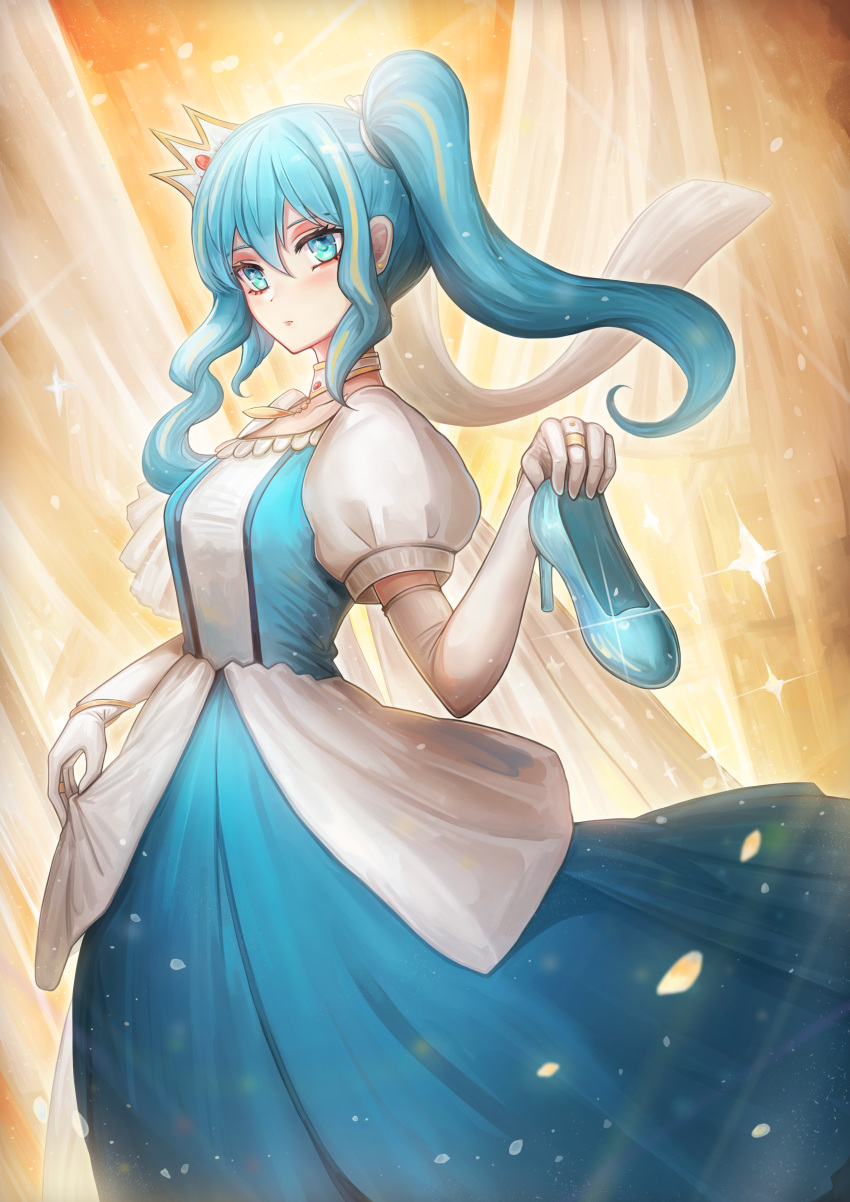1girl, absurdres, bibideba_(hololive), blue_dress, blue_eyes, blue_hair, commentary, crown
