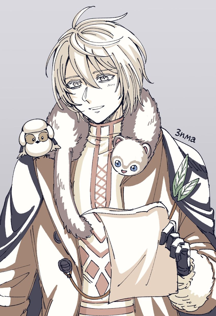 1boy, 39999m, ahoge, animal_around_neck, animal_on_shoulder, bird, bird_on_shoulder, black_cape