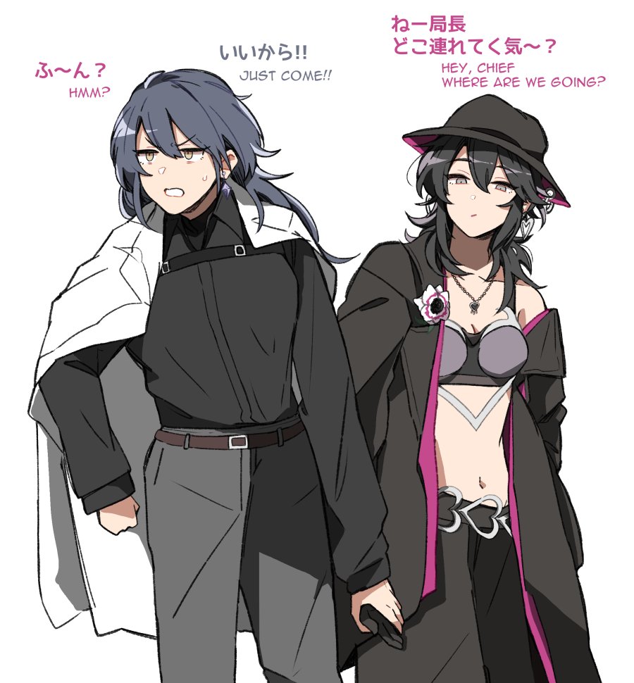 2girls, black_coat, black_hair, black_hat, black_pants, black_shirt, bra, chief_(path_to_nowhere)