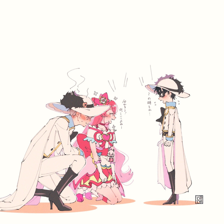 1girl, 2boys, aoi_tete, artist_logo, back_bow, black_bow, black_bowtie, black_footwear