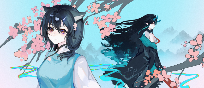 2girls, absurdres, animal_ears, aqua_coat, aqua_hair, aqua_shirt, arknights, bare_shoulders