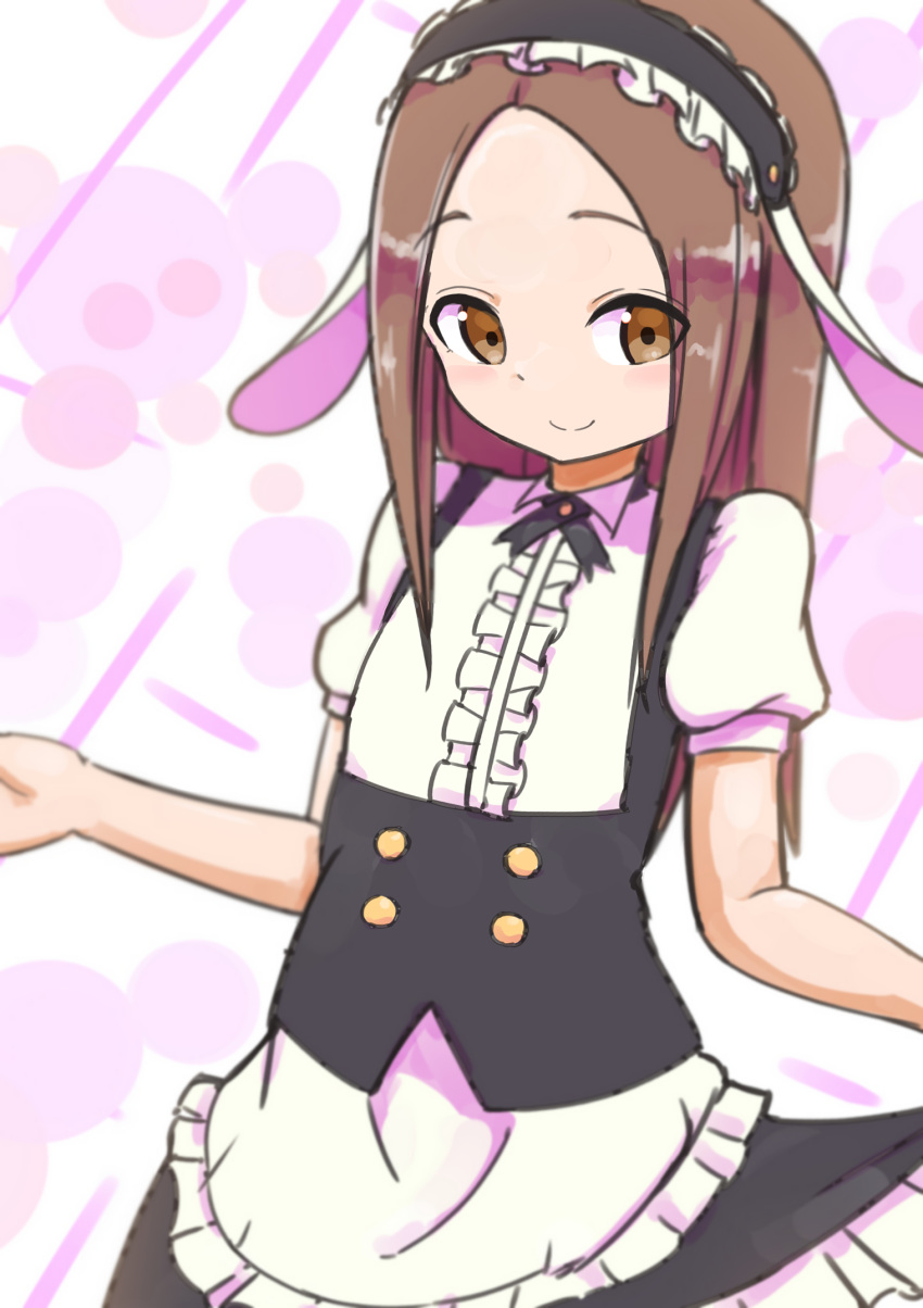 1girl, animal_ears, apron, black_hairband, black_skirt, brown_eyes, brown_hair, closed_mouth, frilled_hairband, frills, hairband, highres, karakai_jouzu_no_takagi-san, mellow_yellow_(my_kakukaku), rabbit_ears, shirt, skirt, smile, solo, takagi-san, waist_apron, white_apron, white_shirt