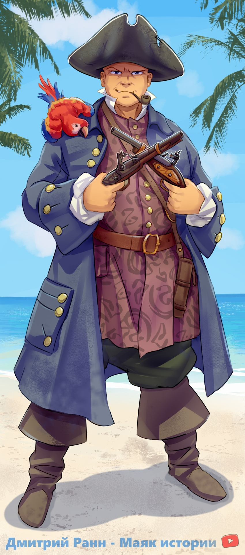 1boy, absurdres, antique_firearm, beach, belt, bird, black_pants, blue_coat