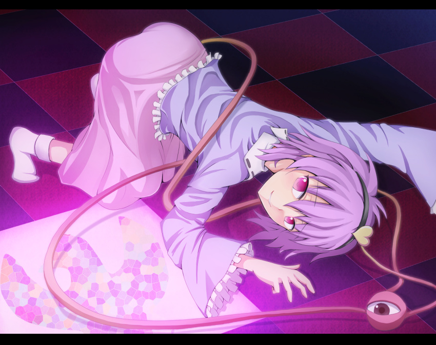 checkered, checkered_floor, eyeball, eyes, grin, hairband, heart, kneeling